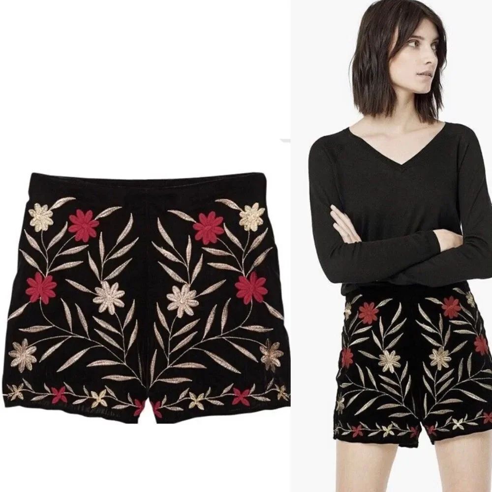 Mango Y2K gothic punk velvet black floral embroidered short 2